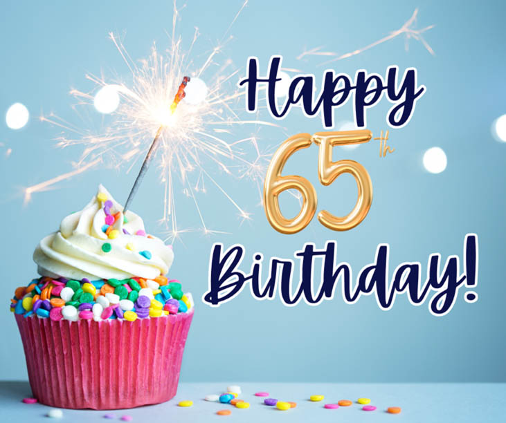 A birthday cupcake with sprinkles and a sparkler on top next to the message Happy 65th Birthday